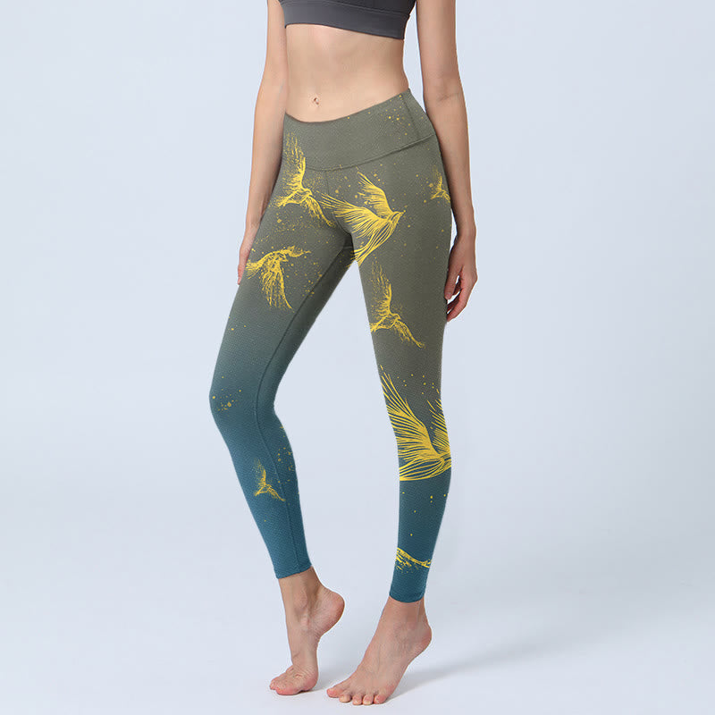Buddha Stones Golden Flying Birds Print Gym Leggings Women's Yoga Pants - SlateGray - US18,UK/AU22,EU50 (4XL) - image 1