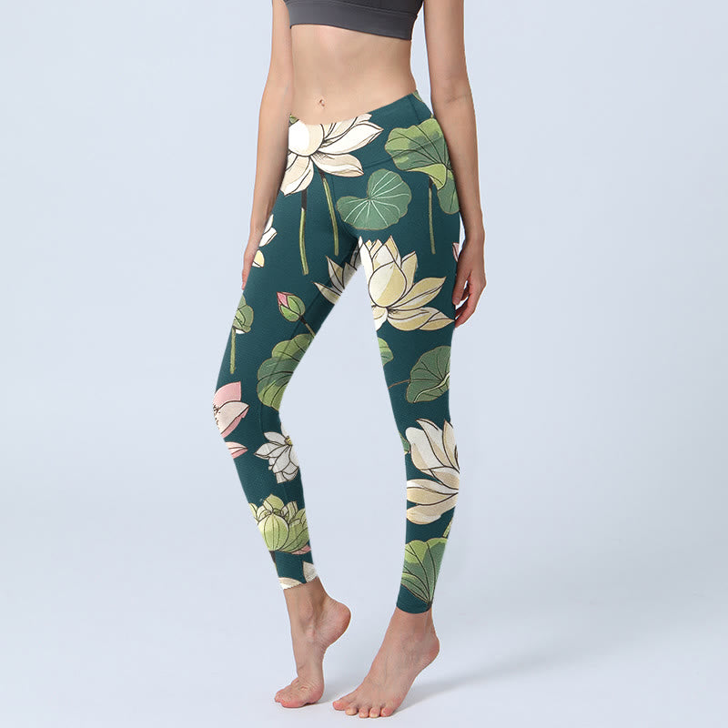 Buddha Stones Beige Pink Lotus Flowers Leaves Print Gym Leggings Women's Yoga Pants - Teal - US18,UK/AU22,EU50 (4XL) - image 1
