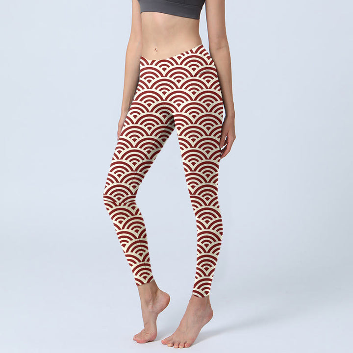 Buddha Stones Red Beige Fan Shapes Print Gym Leggings Women's Yoga Pants - Beige - US18,UK/AU22,EU50 (4XL) - image 1