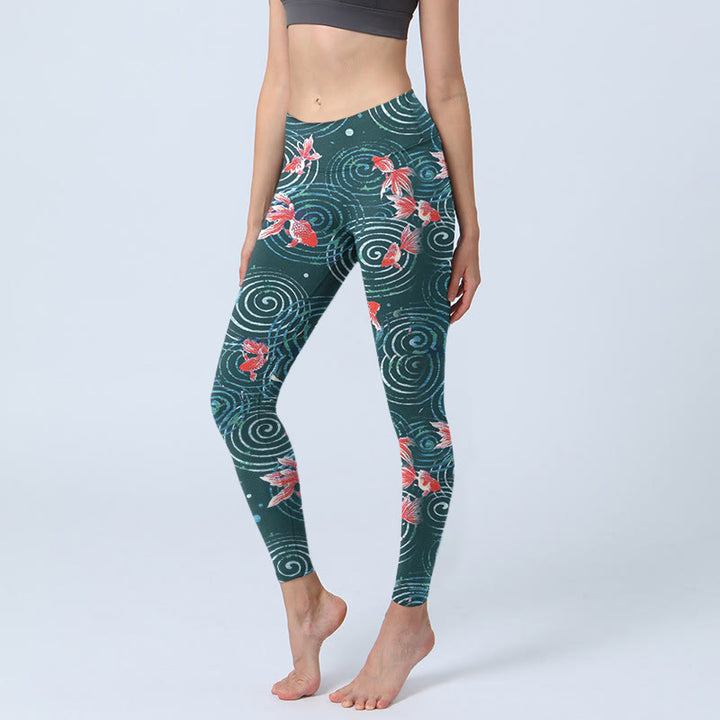 Buddha Stones Red Koi Fish Water Ripple Print Gym Leggings Women's Yoga Pants - CadetBlue - US18,UK/AU22,EU50 (4XL) - image 1