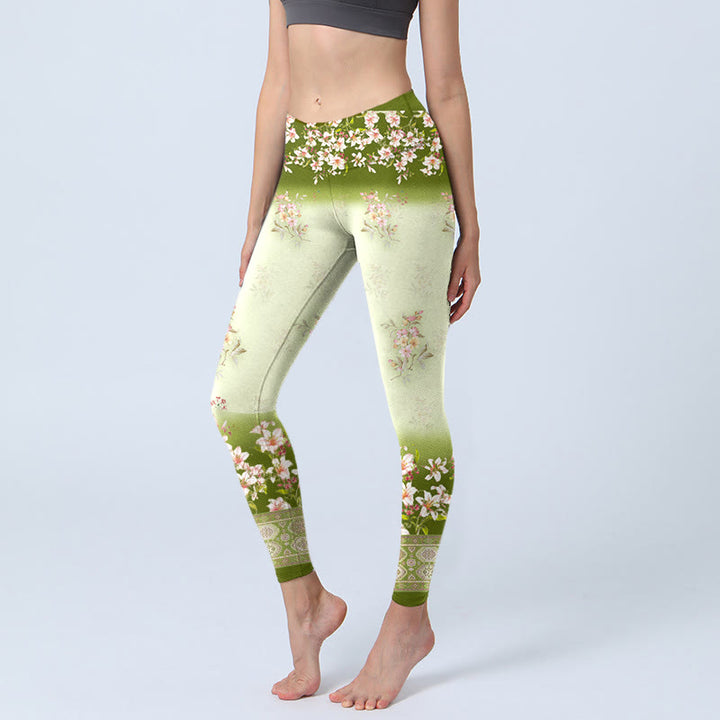 Buddha Stones Pink Flowers Green Leaves Print Gym Leggings Women's Yoga Pants - Honeydew - US18,UK/AU22,EU50 (4XL) - image 1