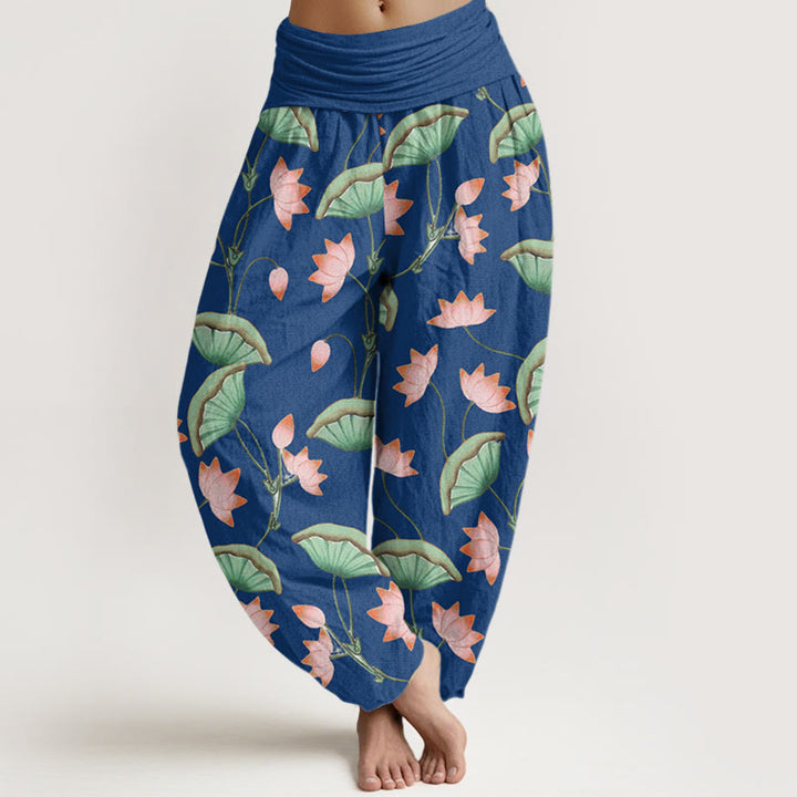 Buddha Stones Pink Lotus Flowers Lush Green Leaves Pattern Women's Elastic Waist Harem Pants - SteelBlue - US22,UK/AU26,EU54 (6XL) - image 8