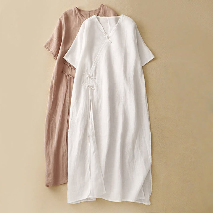 Buddha Stones Summer V-Neck Frog-Button Short Sleeve Cotton Linen Women's Midi Dress