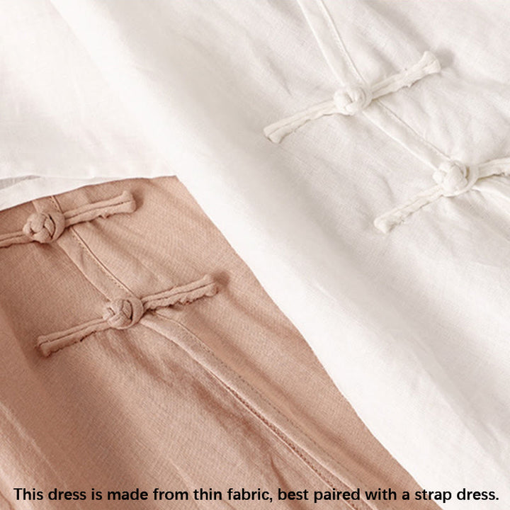 Buddha Stones Summer V-Neck Frog-Button Short Sleeve Cotton Linen Women's Midi Dress