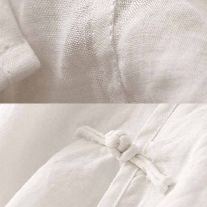 Buddha Stones Summer V-Neck Frog-Button Short Sleeve Cotton Linen Women's Midi Dress