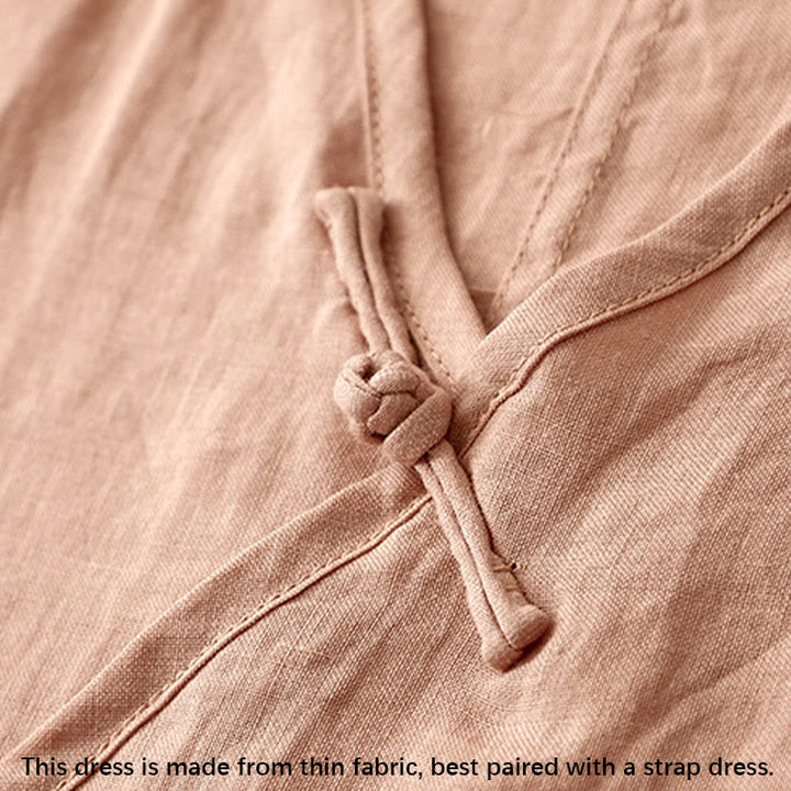 Buddha Stones Summer V-Neck Frog-Button Short Sleeve Cotton Linen Women's Midi Dress