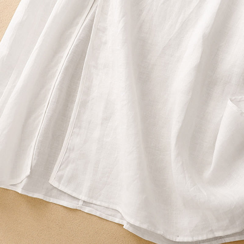 Buddha Stones Summer V-Neck Frog-Button Short Sleeve Cotton Linen Women's Midi Dress