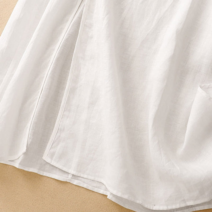 Buddha Stones Summer V-Neck Frog-Button Short Sleeve Cotton Linen Women's Midi Dress