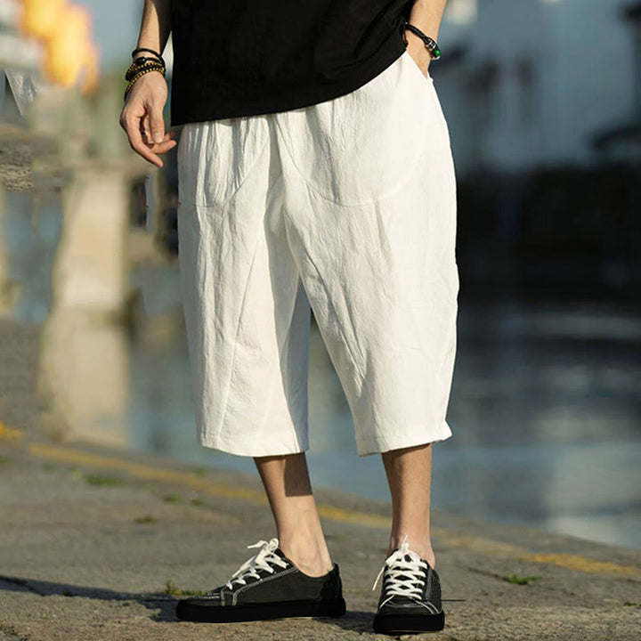 Buddha Stones Summer Plain Pleat Design Drawstring Men's 7-8 Length Cotton Linen Pants With Pockets - White - US/UK/AU46,EU56 (5XL) - image 26