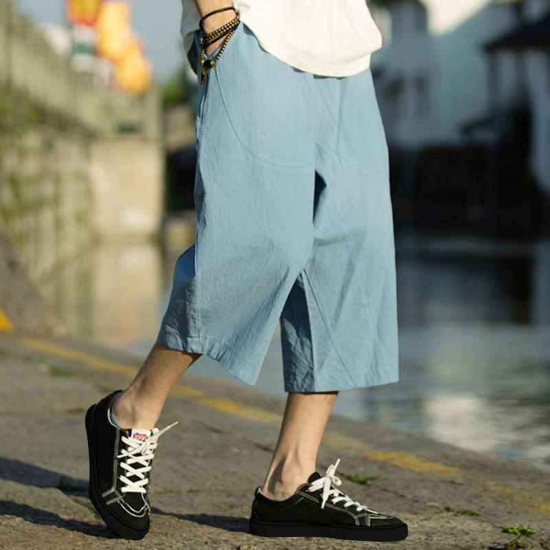 Buddha Stones Summer Plain Pleat Design Drawstring Men's 7-8 Length Cotton Linen Pants With Pockets - DeepSkyBlue - US/UK/AU46,EU56 (5XL) - image 30
