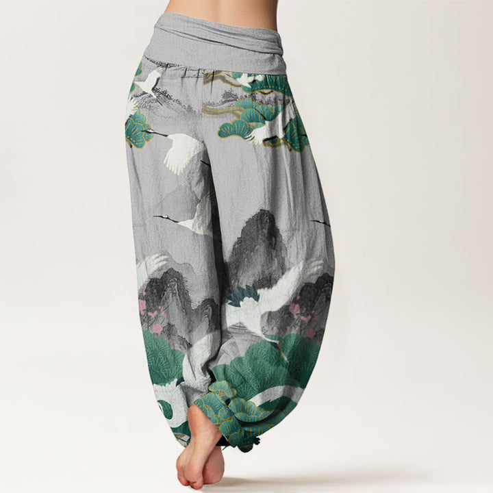 Buddha Stones Casual Cranes Green Pine Trees Landscape Pattern Women's Harem Pants - image 2