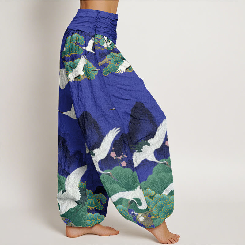 Buddha Stones Casual Cranes Green Pine Trees Landscape Pattern Women's Harem Pants - image 7