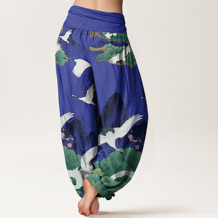 Buddha Stones Casual Cranes Green Pine Trees Landscape Pattern Women's Harem Pants - image 6