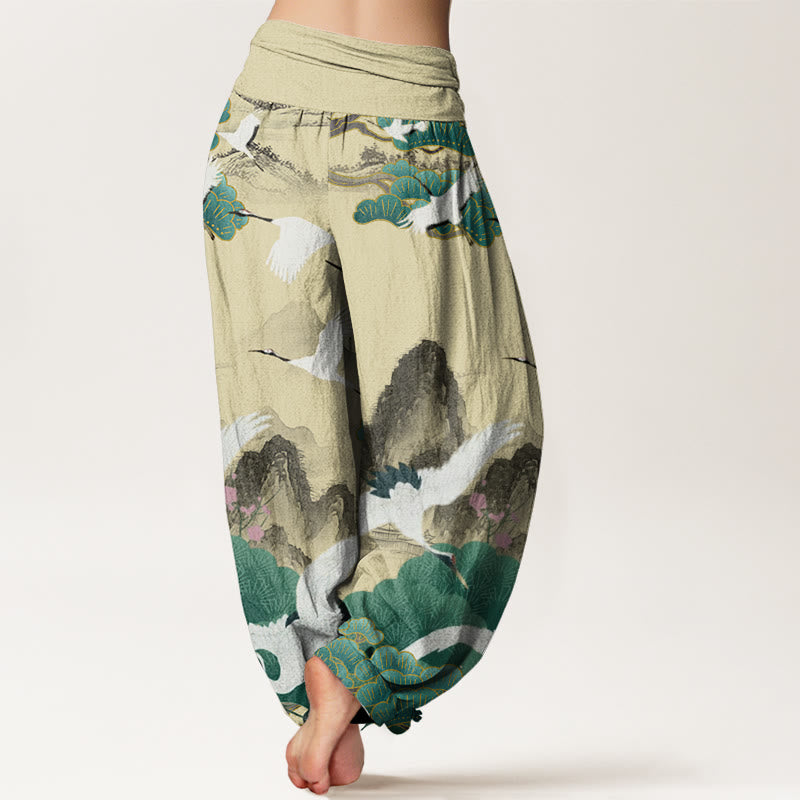 Buddha Stones Casual Cranes Green Pine Trees Landscape Pattern Women's Harem Pants - image 9