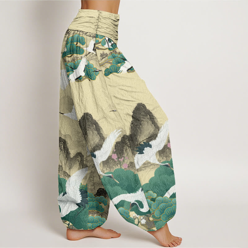 Buddha Stones Casual Cranes Green Pine Trees Landscape Pattern Women's Harem Pants - image 10