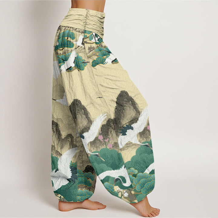 Buddha Stones Casual Cranes Green Pine Trees Landscape Pattern Women's Harem Pants - image 10