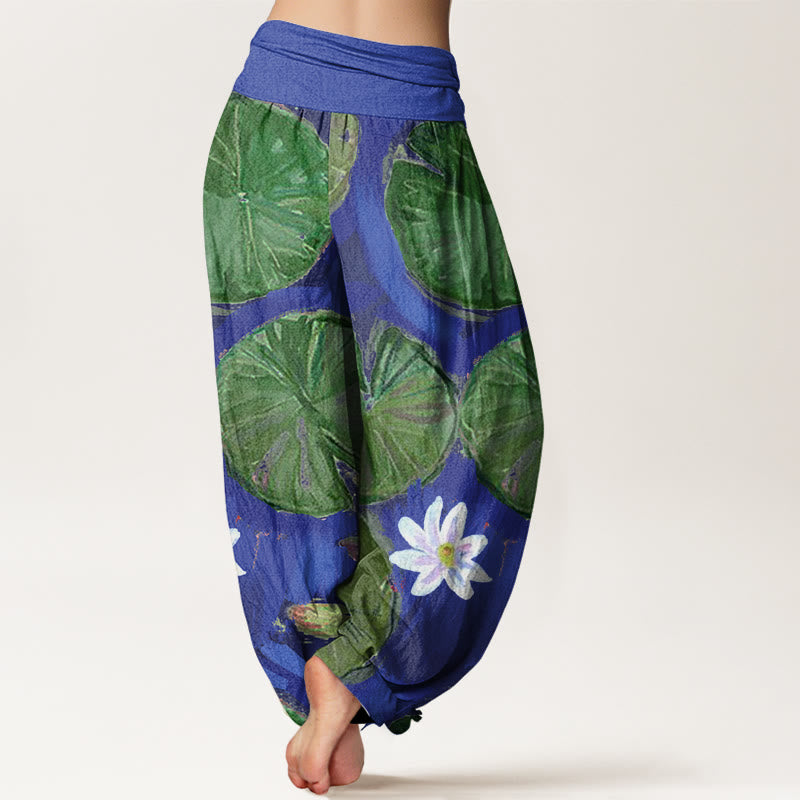 Buddha Stones Casual Green Lotus Leaves White Flowers Pattern Women's Harem Pants - image 2