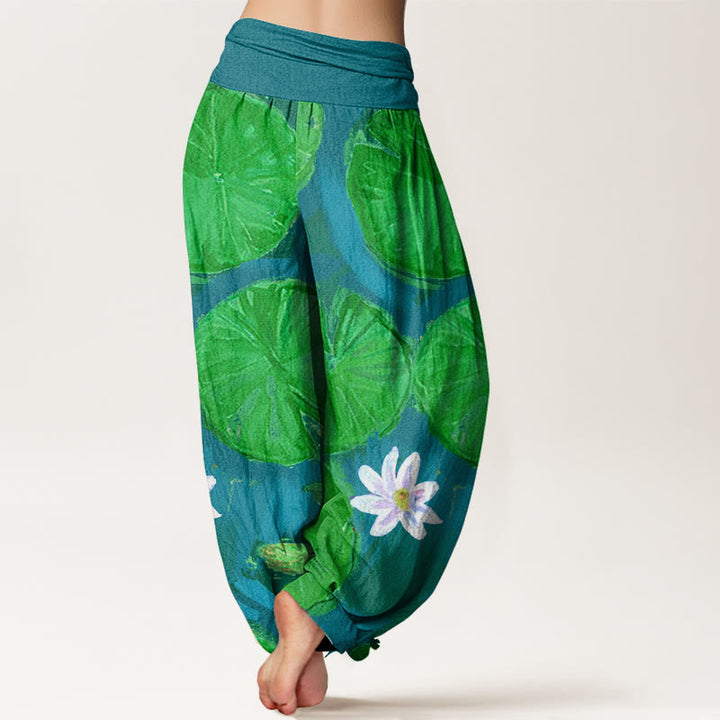 Buddha Stones Casual Green Lotus Leaves White Flowers Pattern Women's Harem Pants - image 6