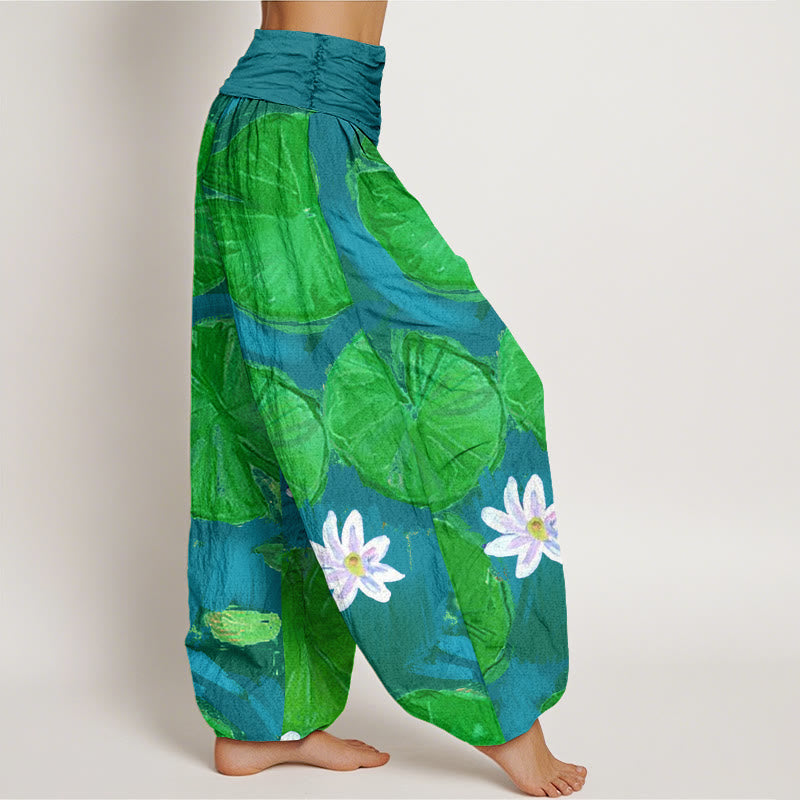 Buddha Stones Casual Green Lotus Leaves White Flowers Pattern Women's Harem Pants - image 7