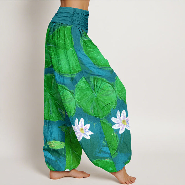 Buddha Stones Casual Green Lotus Leaves White Flowers Pattern Women's Harem Pants - image 7