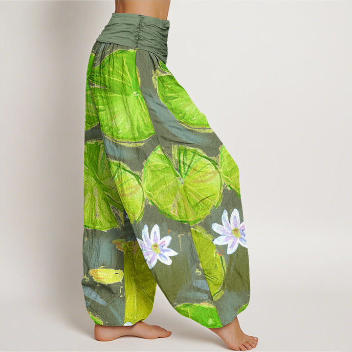 Buddha Stones Casual Green Lotus Leaves White Flowers Pattern Women's Harem Pants - image 10