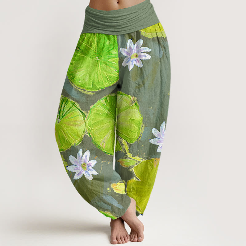 Buddha Stones Casual Green Lotus Leaves White Flowers Pattern Women's Harem Pants - DarkSeaGreen - US22,UK/AU26,EU54 (6XL) - image 8