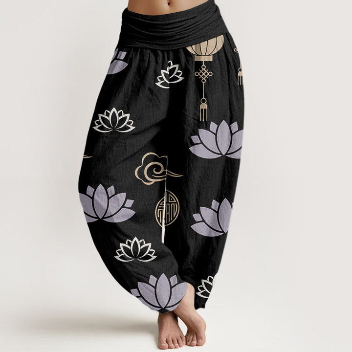 Buddha Stones Casual Lotus Flowers Lanterns Cloud Pattern Women's Harem Pants - Black - US22,UK/AU26,EU54 (6XL) - image 8