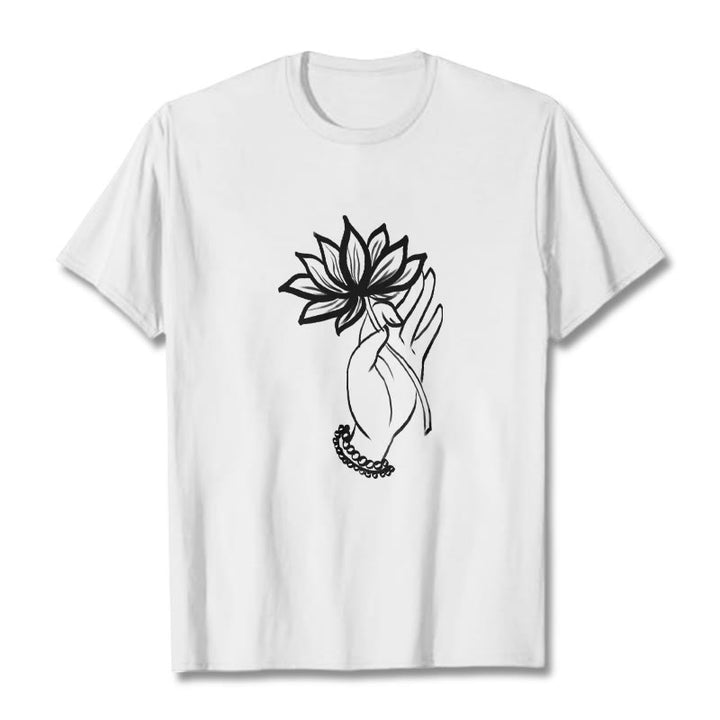 Buddha Stones Casual Hand Holding Lotus Flower Pattern Cotton Tee T-shirt - White - 2XL - image 6