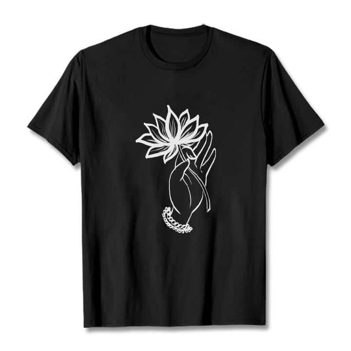 Buddha Stones Casual Hand Holding Lotus Flower Pattern Cotton Tee T-shirt - Black - 2XL - image 1