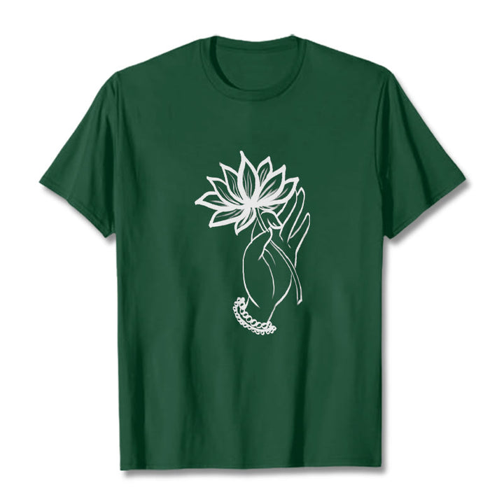 Buddha Stones Casual Hand Holding Lotus Flower Pattern Cotton Tee T-shirt - ForestGreen - 2XL - image 11