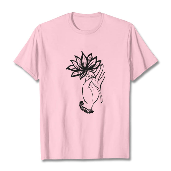 Buddha Stones Casual Hand Holding Lotus Flower Pattern Cotton Tee T-shirt - LightPink - 2XL - image 13