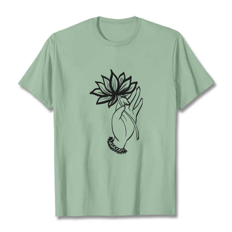 Buddha Stones Casual Hand Holding Lotus Flower Pattern Cotton Tee T-shirt - PaleGreen - 2XL - image 15