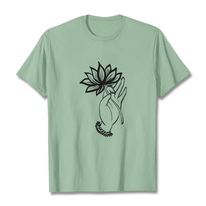 Buddha Stones Casual Hand Holding Lotus Flower Pattern Cotton Tee T-shirt - PaleGreen - 2XL - image 15