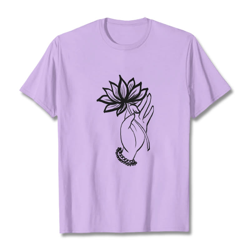 Buddha Stones Casual Hand Holding Lotus Flower Pattern Cotton Tee T-shirt - Plum - 2XL - image 17