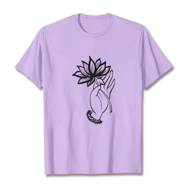 Buddha Stones Casual Hand Holding Lotus Flower Pattern Cotton Tee T-shirt - Plum - 2XL - image 17