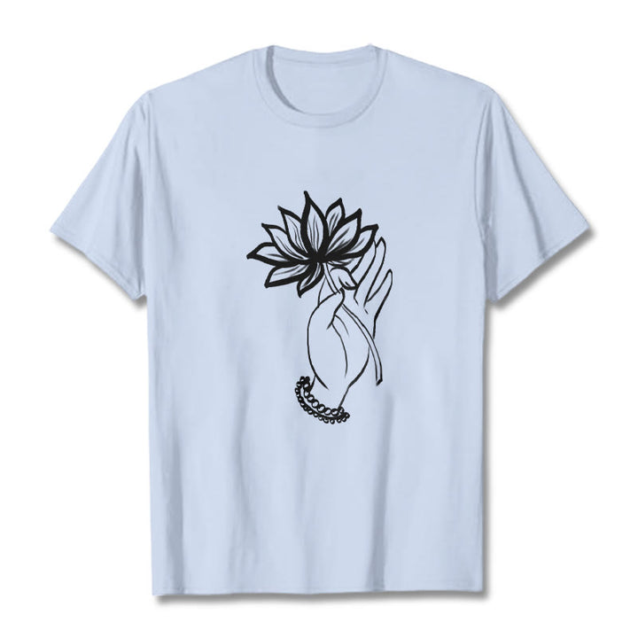 Buddha Stones Casual Hand Holding Lotus Flower Pattern Cotton Tee T-shirt - LightCyan - 2XL - image 19