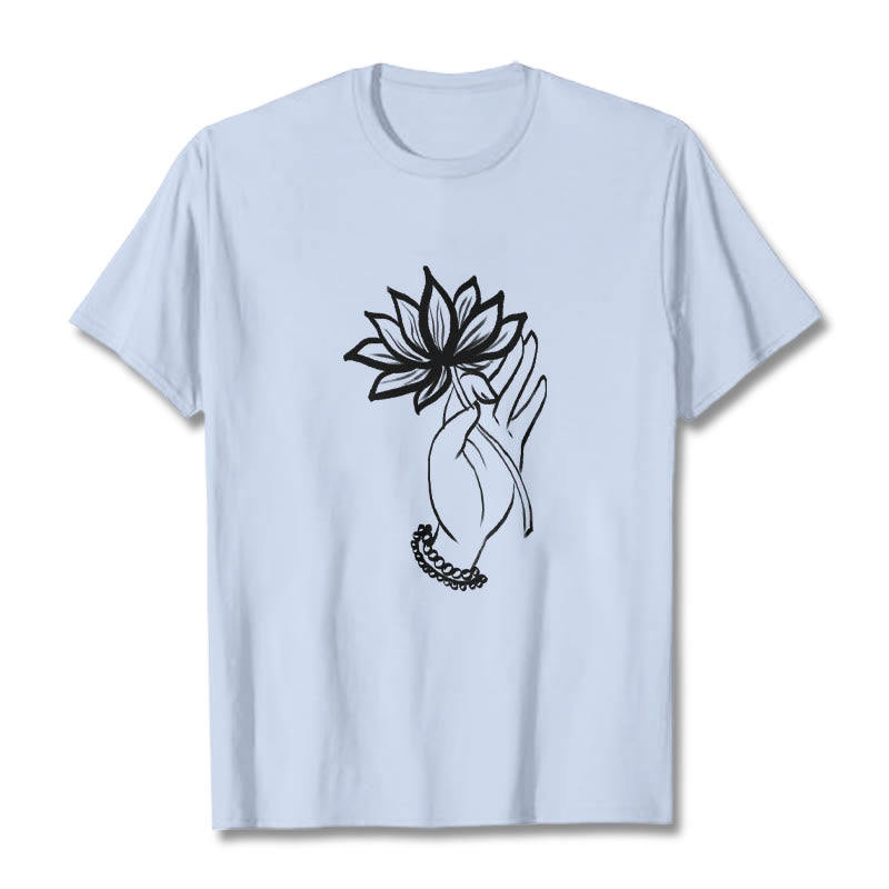 Buddha Stones Casual Hand Holding Lotus Flower Pattern Cotton Tee T-shirt - LightCyan - 2XL - image 19