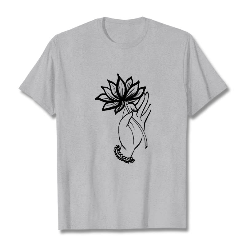 Buddha Stones Casual Hand Holding Lotus Flower Pattern Cotton Tee T-shirt - LightGrey - 2XL - image 20