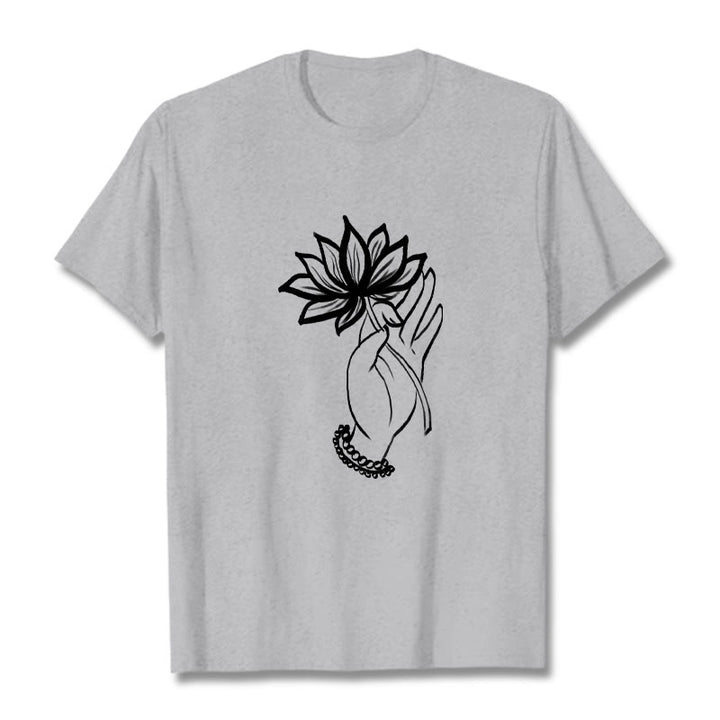 Buddha Stones Casual Hand Holding Lotus Flower Pattern Cotton Tee T-shirt - LightGrey - 2XL - image 20