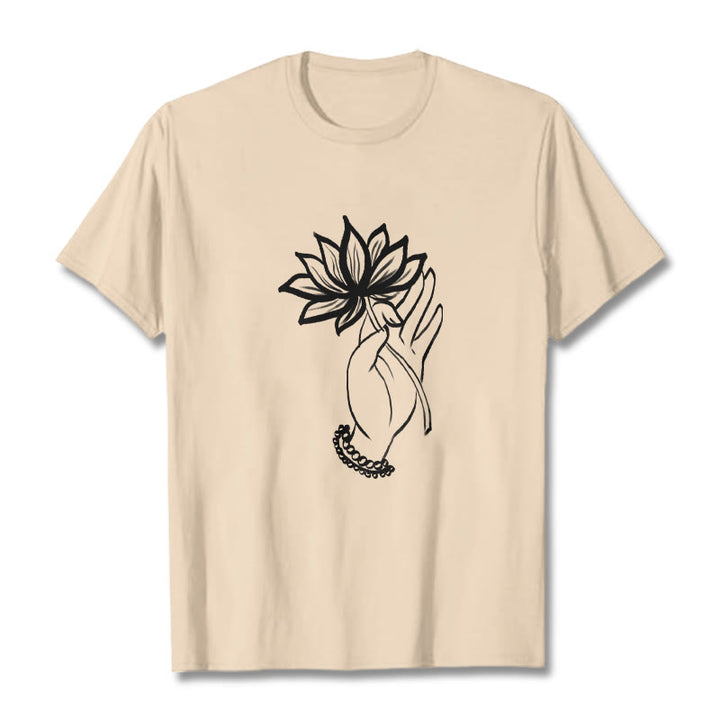 Buddha Stones Casual Hand Holding Lotus Flower Pattern Cotton Tee T-shirt - Bisque - 2XL - image 9