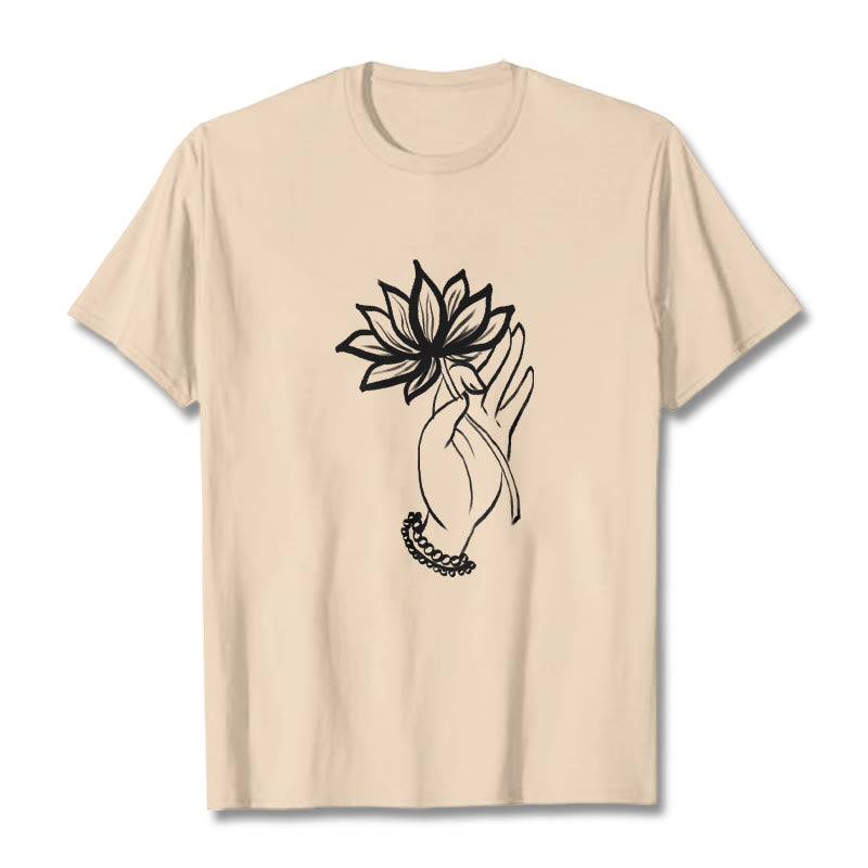 Buddha Stones Casual Hand Holding Lotus Flower Pattern Cotton Tee T-shirt - Bisque - 2XL - image 9