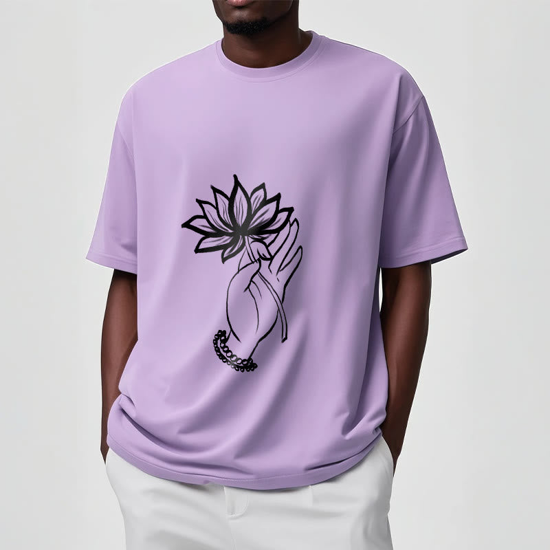 Buddha Stones Casual Hand Holding Lotus Flower Pattern Cotton Tee T-shirt - image 18
