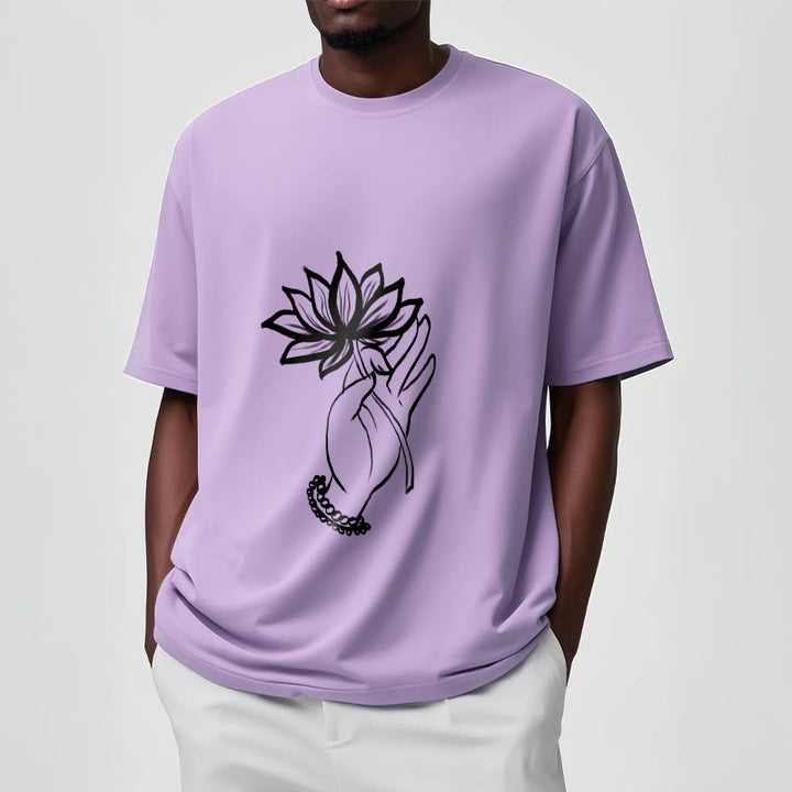 Buddha Stones Casual Hand Holding Lotus Flower Pattern Cotton Tee T-shirt - image 18