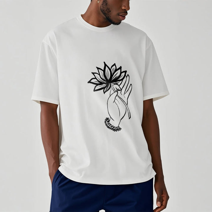 Buddha Stones Casual Hand Holding Lotus Flower Pattern Cotton Tee T-shirt - image 7