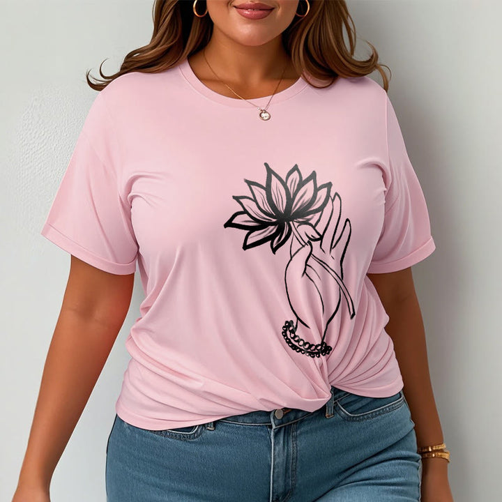 Buddha Stones Casual Hand Holding Lotus Flower Pattern Cotton Tee T-shirt - image 14