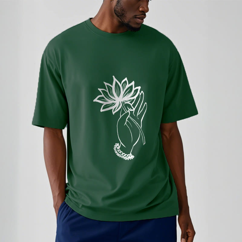 Buddha Stones Casual Hand Holding Lotus Flower Pattern Cotton Tee T-shirt - image 12