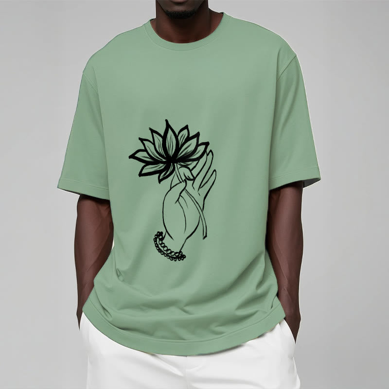 Buddha Stones Casual Hand Holding Lotus Flower Pattern Cotton Tee T-shirt - image 16