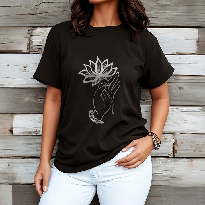 Buddha Stones Casual Hand Holding Lotus Flower Pattern Cotton Tee T-shirt - image 4