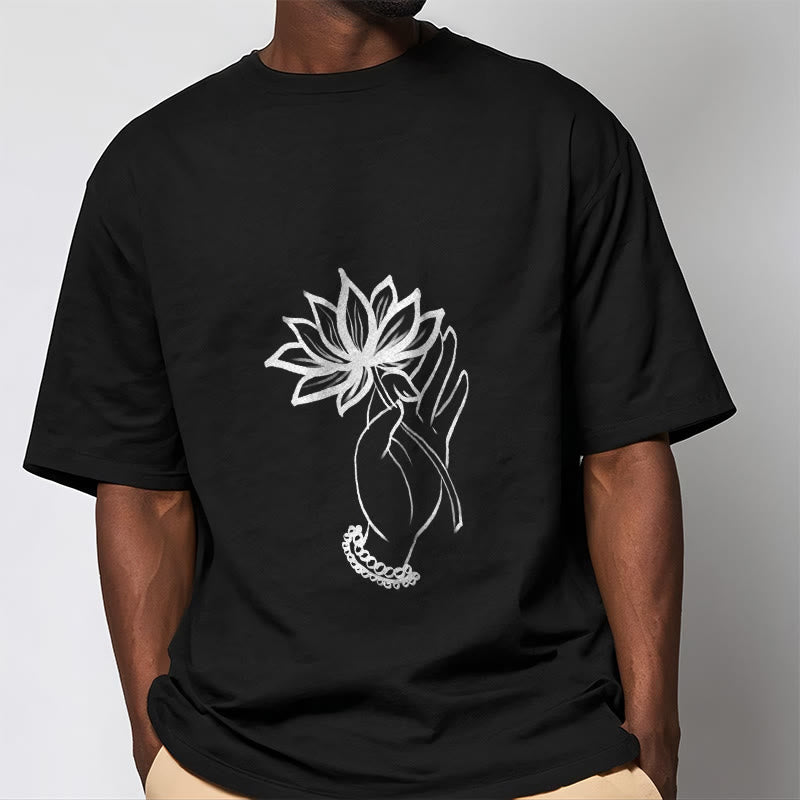 Buddha Stones Casual Hand Holding Lotus Flower Pattern Cotton Tee T-shirt - image 2