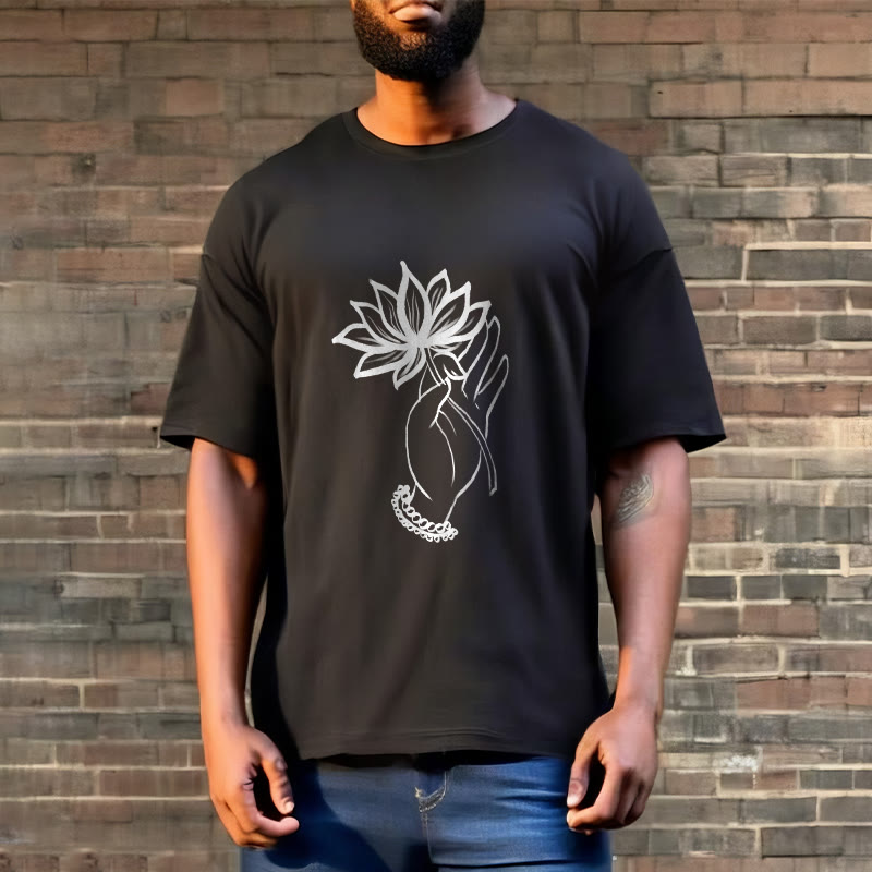 Buddha Stones Casual Hand Holding Lotus Flower Pattern Cotton Tee T-shirt - image 3